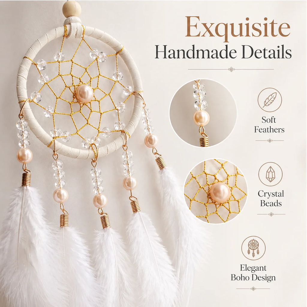 Boho Dream Catcher Ornament – Crystal Beads & Feathers Décor