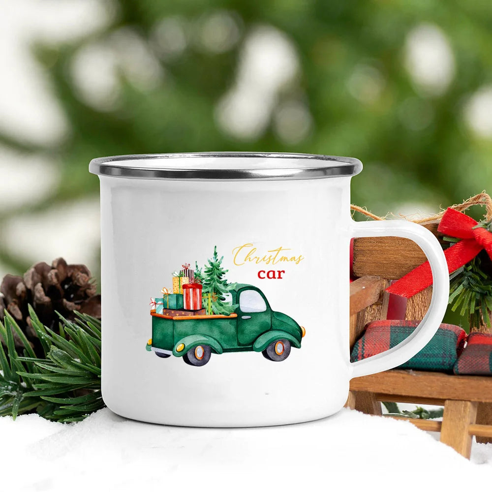 Christmas Tree Truck Enamel Mug | Festive Xmas Coffee Cup