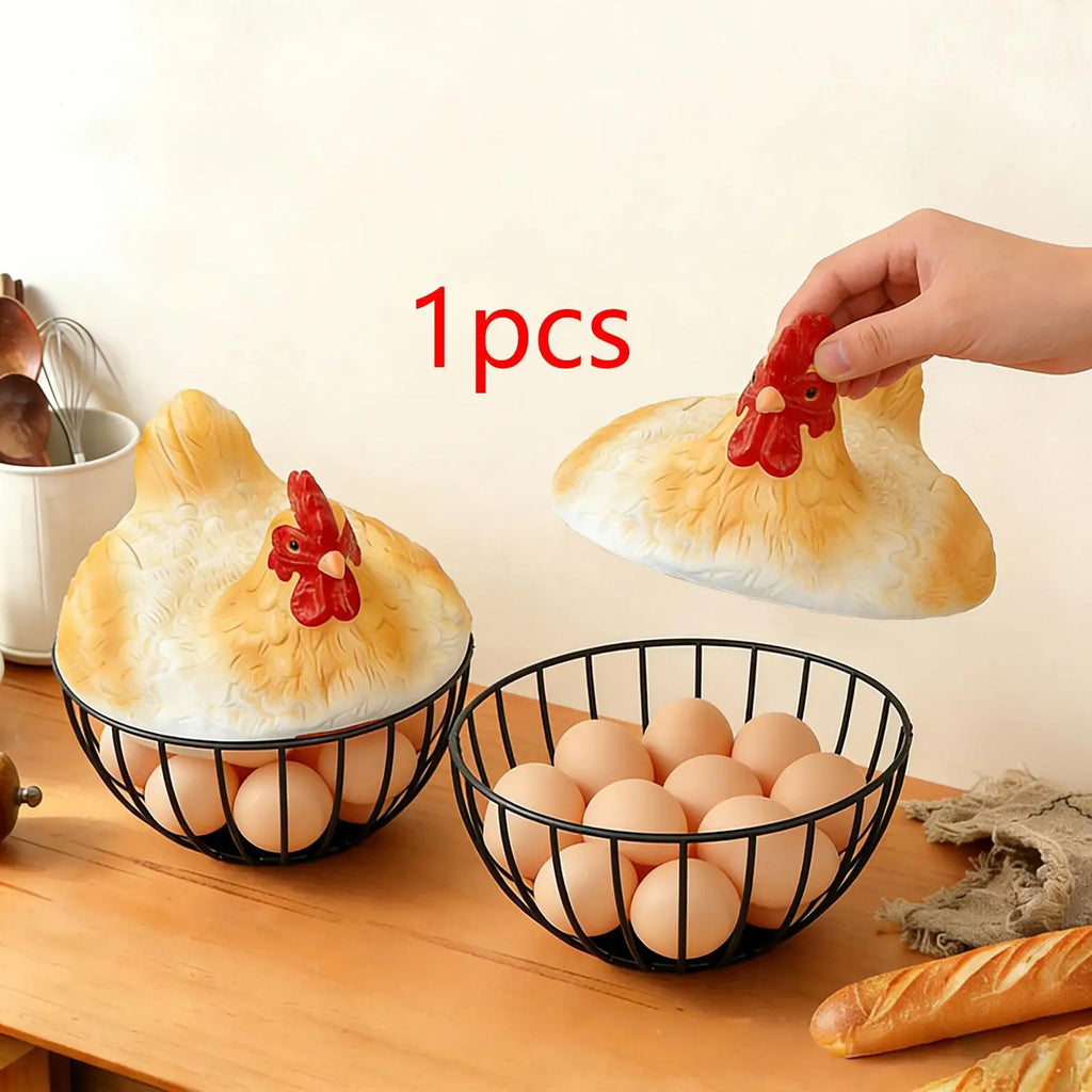 Yellow Chicken Egg Basket with Lid | Iron Resin Storage