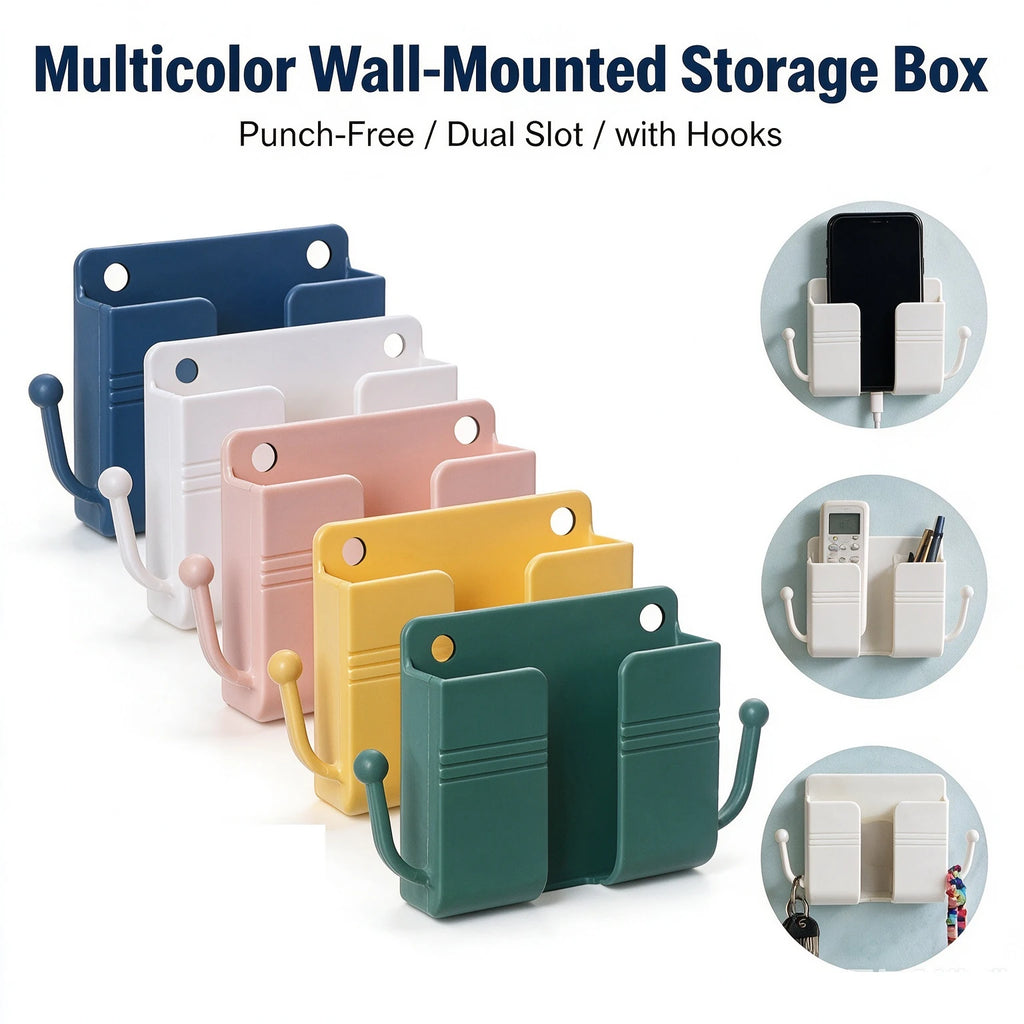 Universal Wall Mount Phone Holder – Dual Slot & Hooks