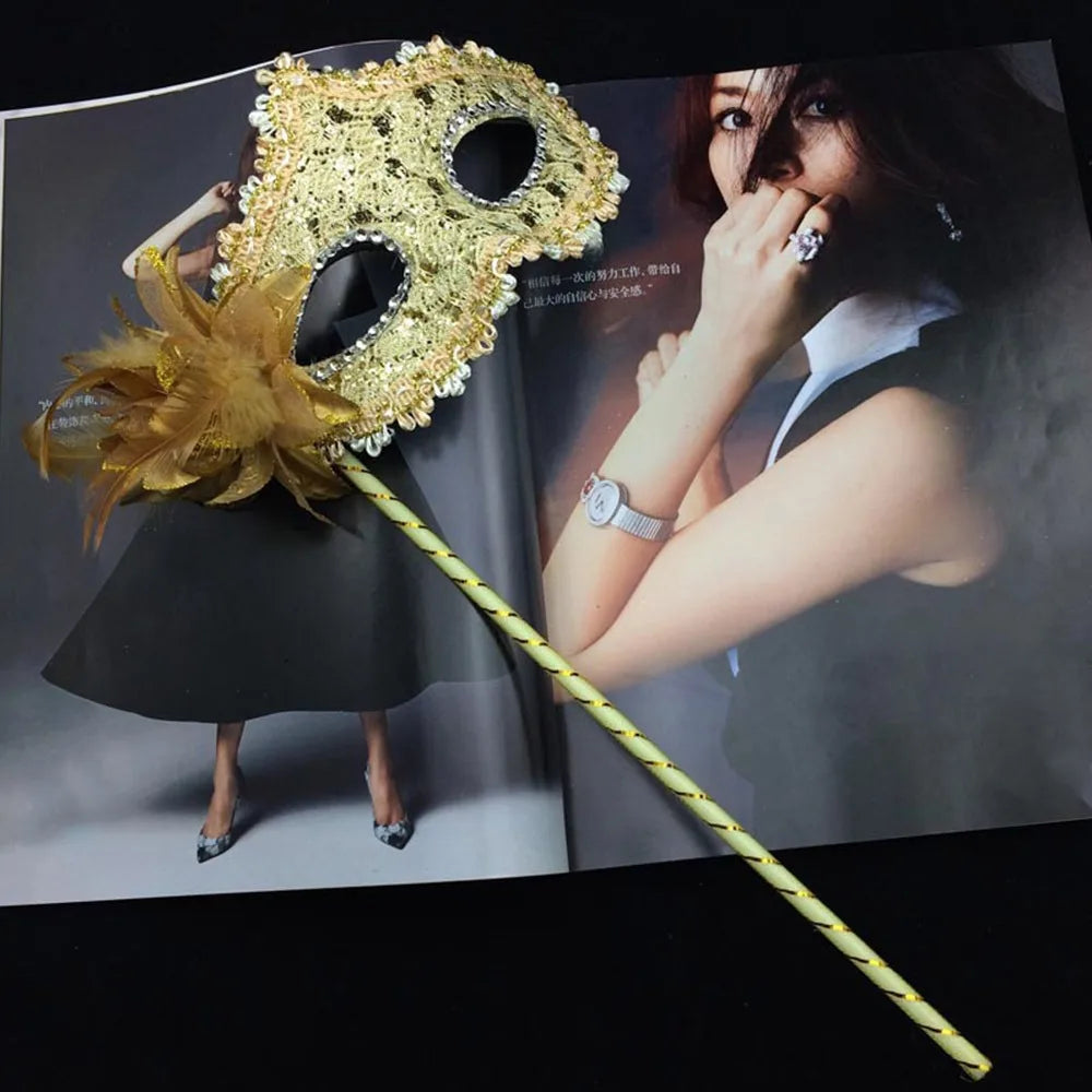 Handheld Feather Masquerade Mask – White Lace & Holding Stick