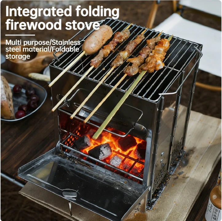 Folding Stainless Steel Charcoal Camp Stove & BBQ Grill