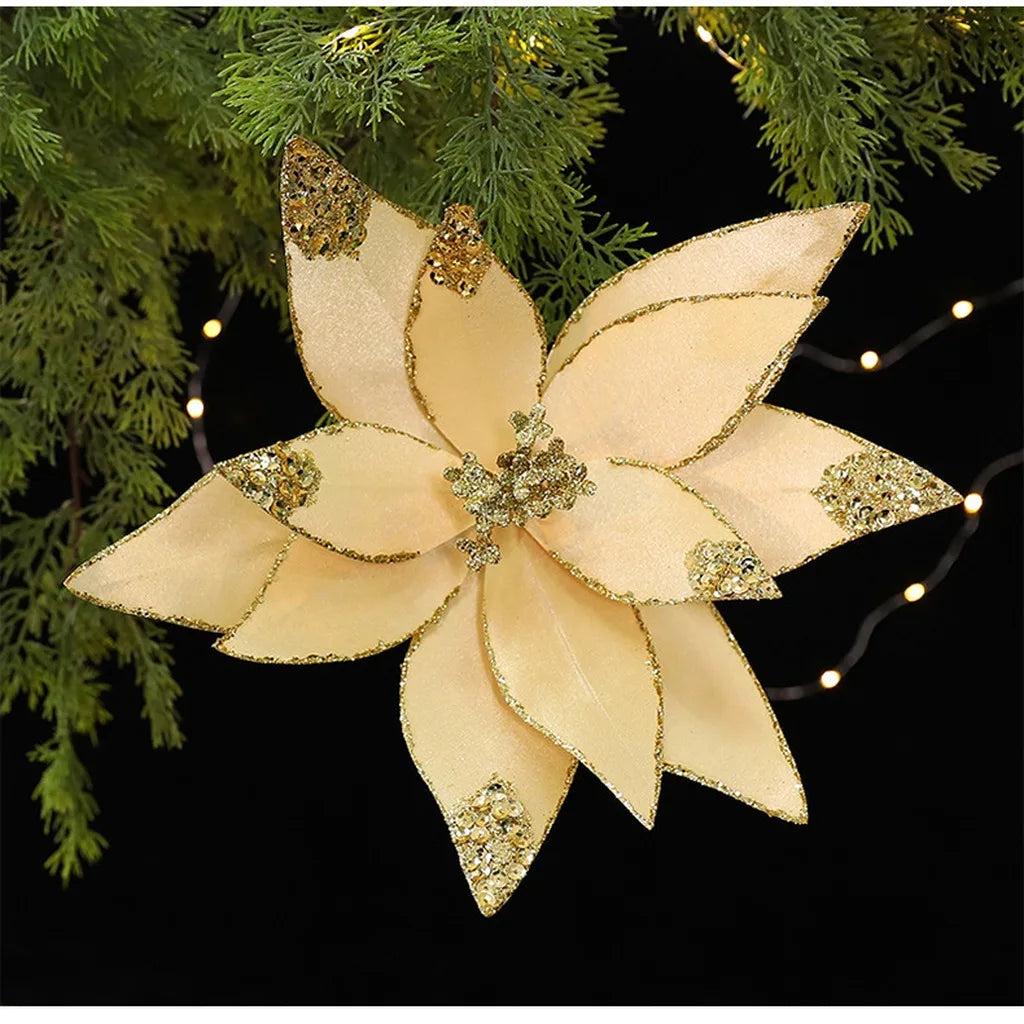 Fabric Sequin Artificial Christmas Rose Flower | Holiday Décor