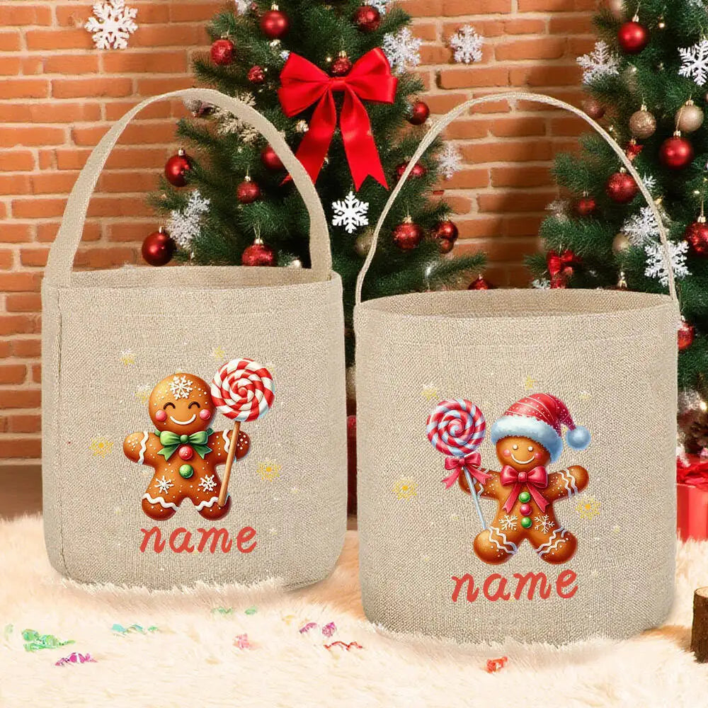 Personalized Christmas Gingerbread Man Linen Gift Bag