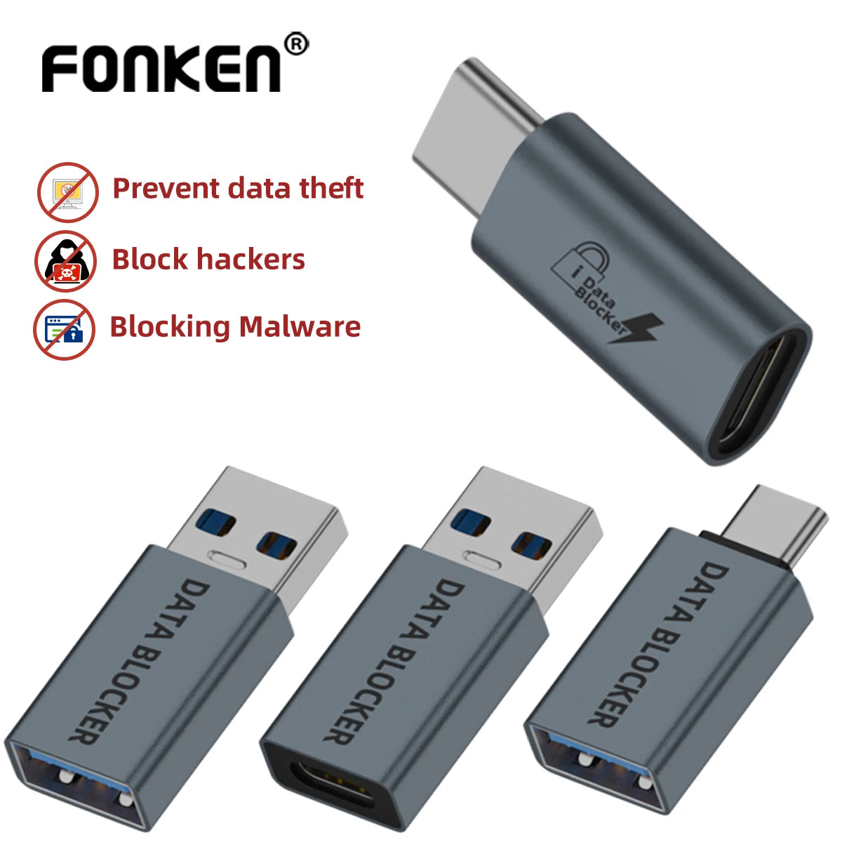 FONKEN USB Data Blocker Adapter – USB-A & USB-C Charge Safe