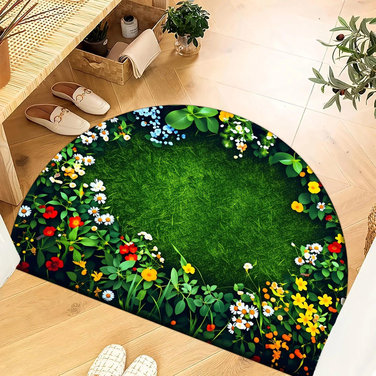 Wildflower Half Round Door Mat – Non-Slip Felt Entrance Rug