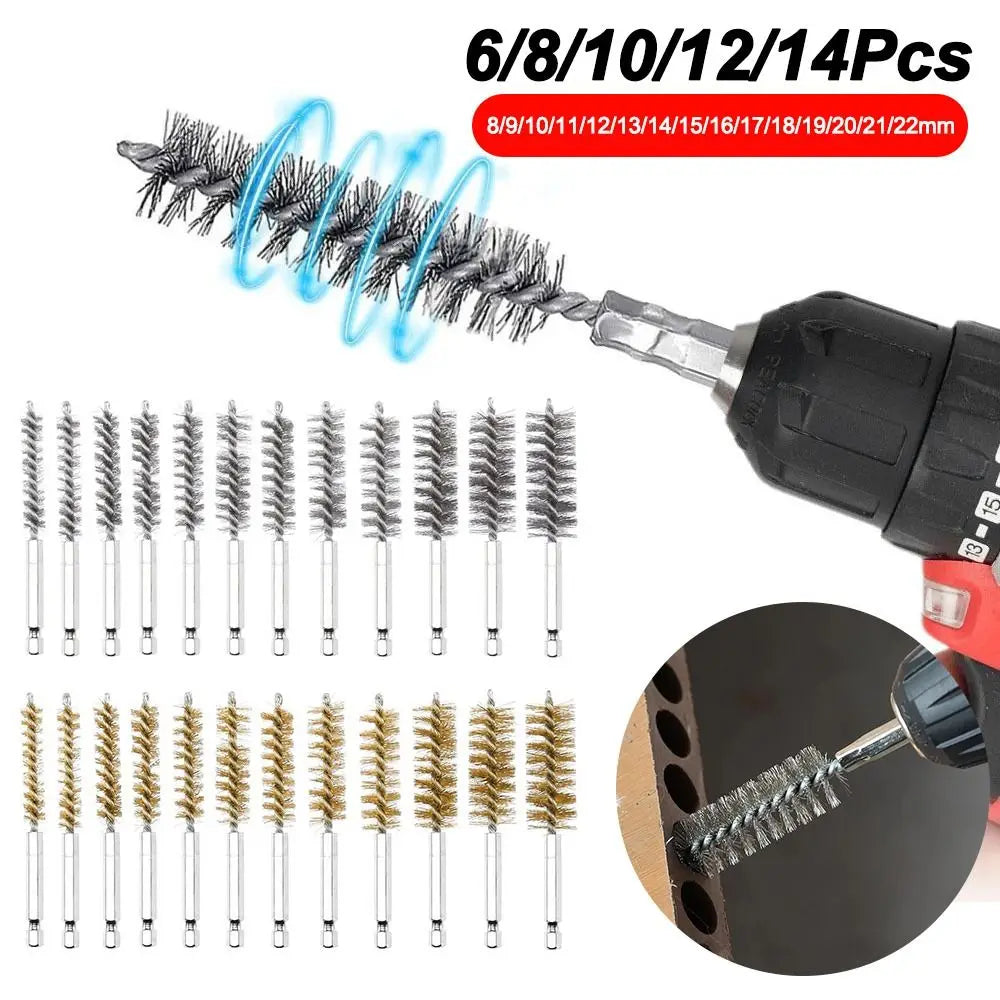 Stainless Steel Bore Brush Set | 1/4" Hex Shank 8–25mm 6–14 Pcs
