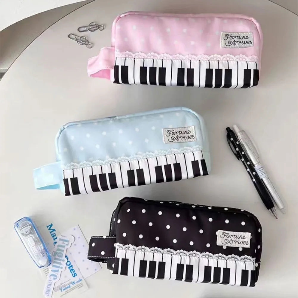 Polka Dot Piano Key Pencil Case – Large Capacity Pen Bag