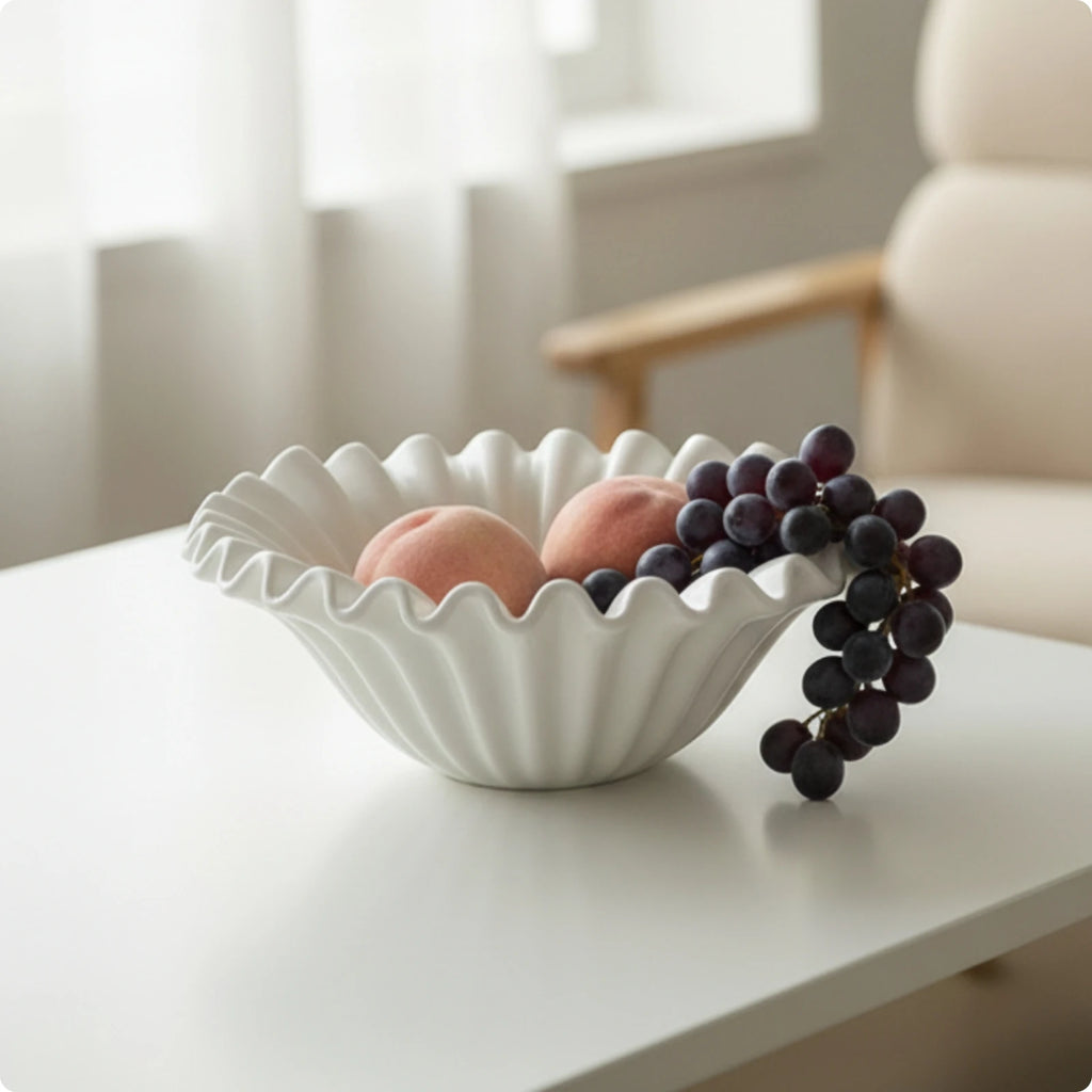 Ceramic Fluted Fruit Bowl with Wavy Rim | Elegant Centerpiece