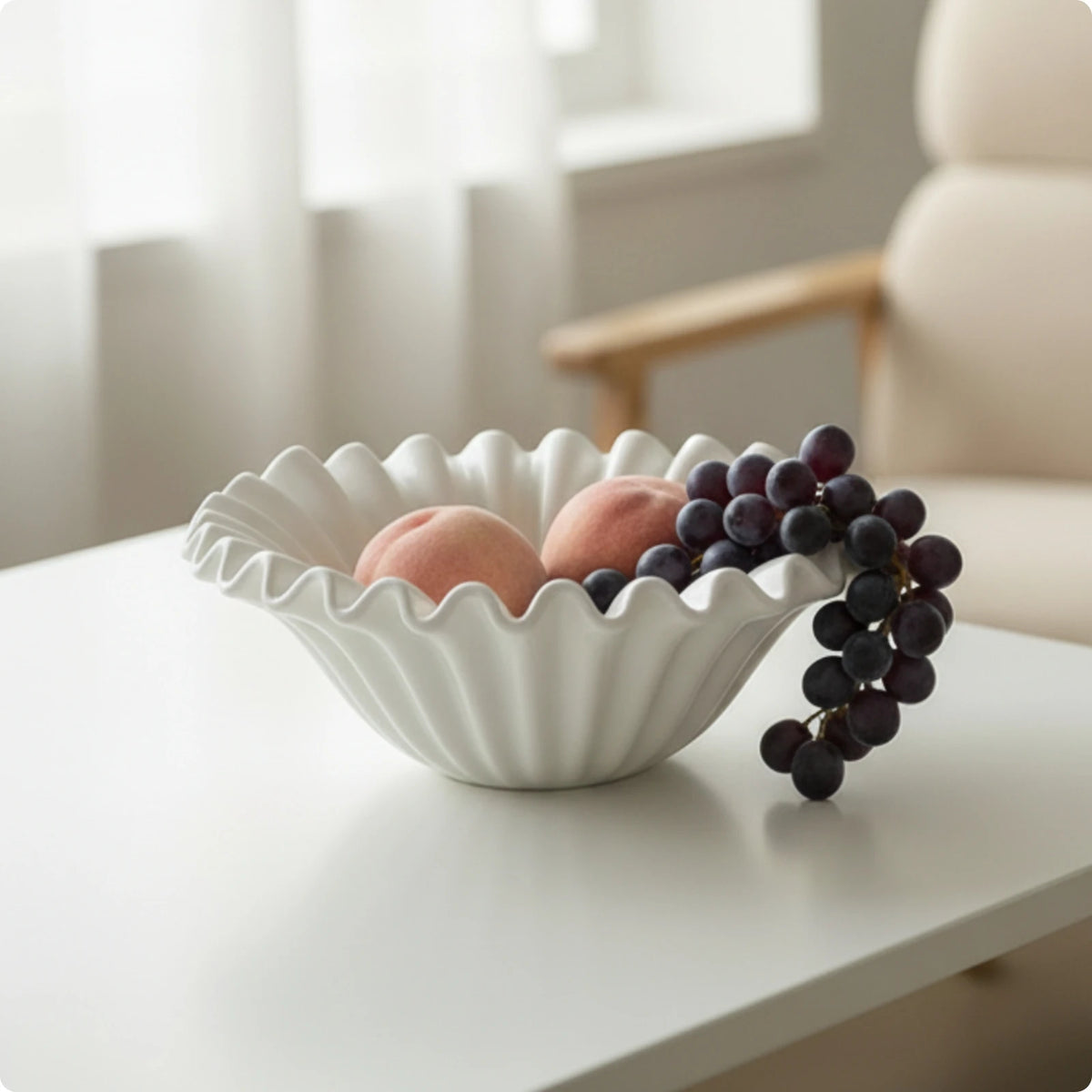 Ceramic Fluted Fruit Bowl with Wavy Rim | Elegant Centerpiece