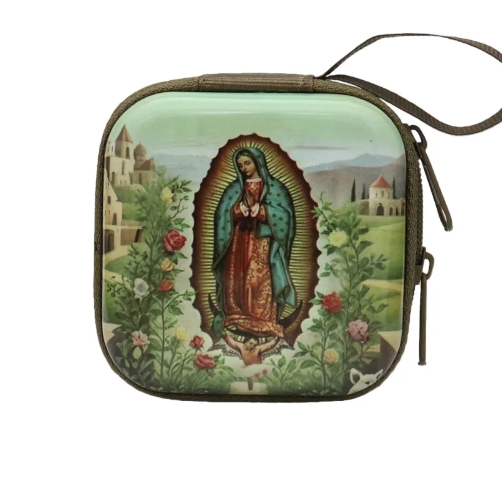 Virgin Mary Rosary Storage Box – Zippered Metal Christian Gift