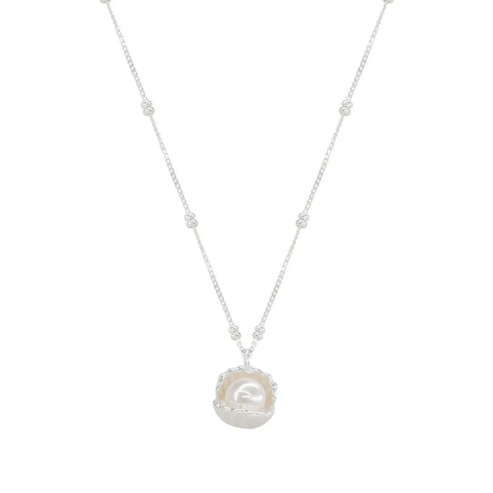 White Pearl Shell Pendant Necklace | Silver Choker Chain