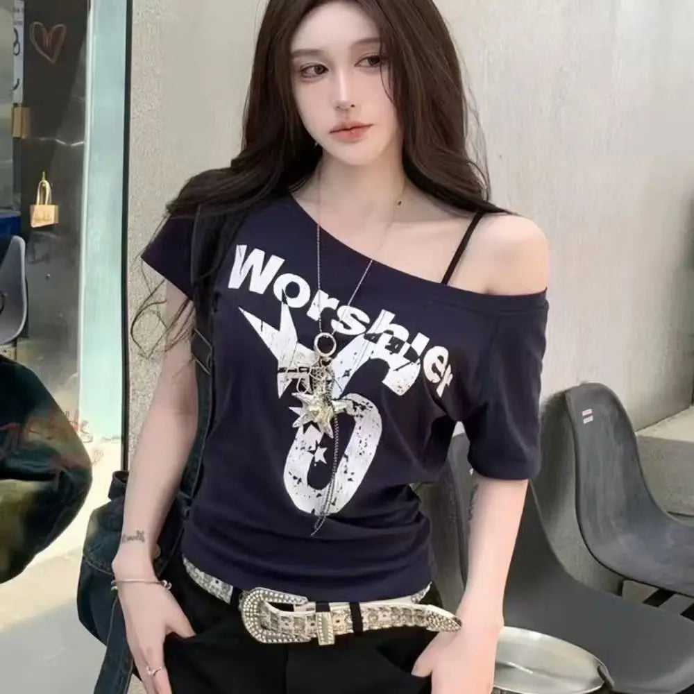 Y2K Off Shoulder Crop Top – Short Sleeve Letter Print Tee