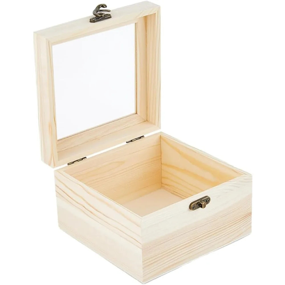 Unfinished Wooden Box with Clear Lid | 15x15x9.5cm Gift Box