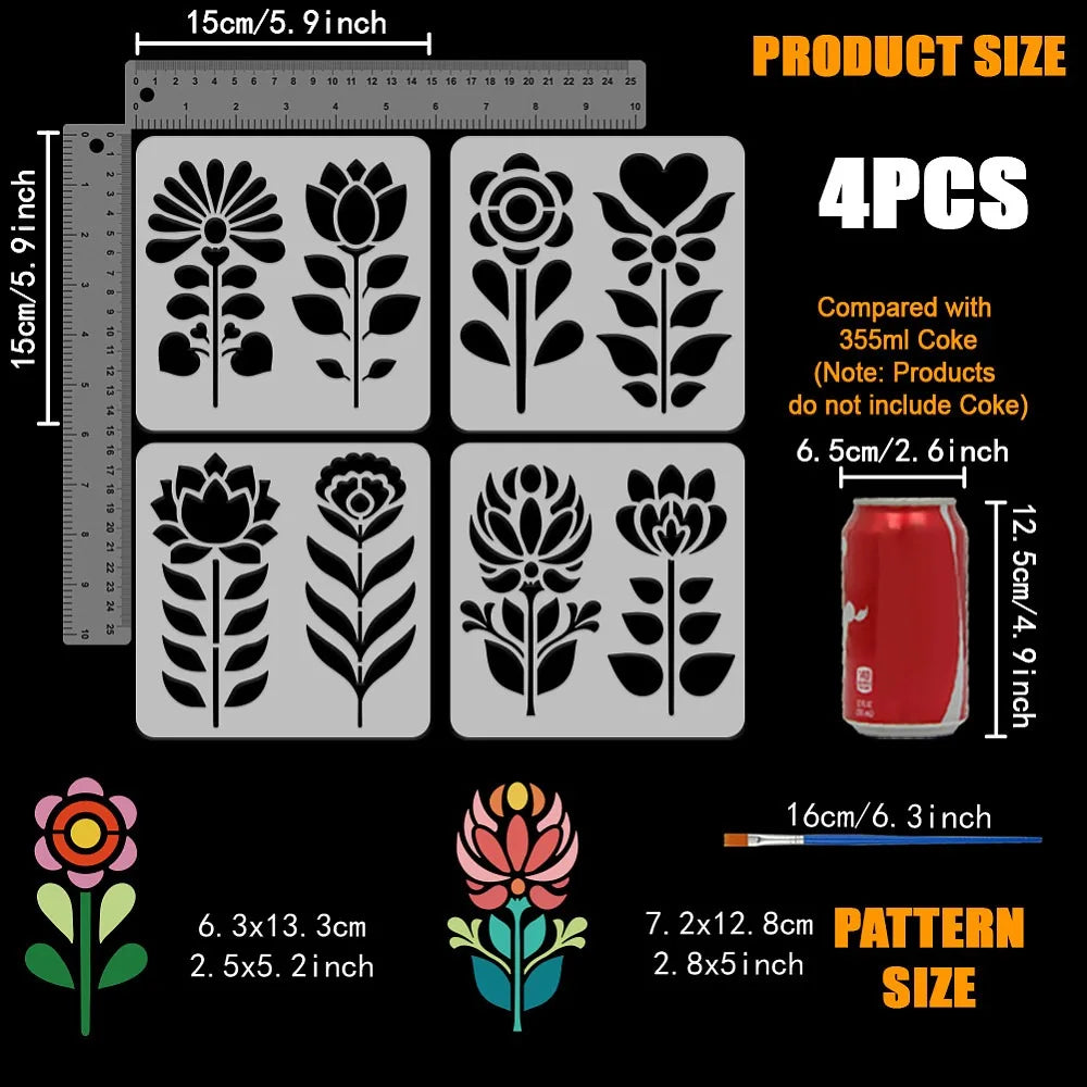 4PCS Folk Art Flower Stencils with Brush – Reusable 5.9"