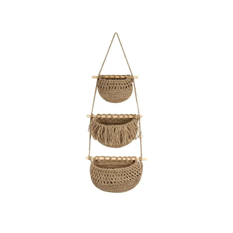 3-Tier Bohemian Hemp Rope Wall Hanging Fruit Mesh Basket