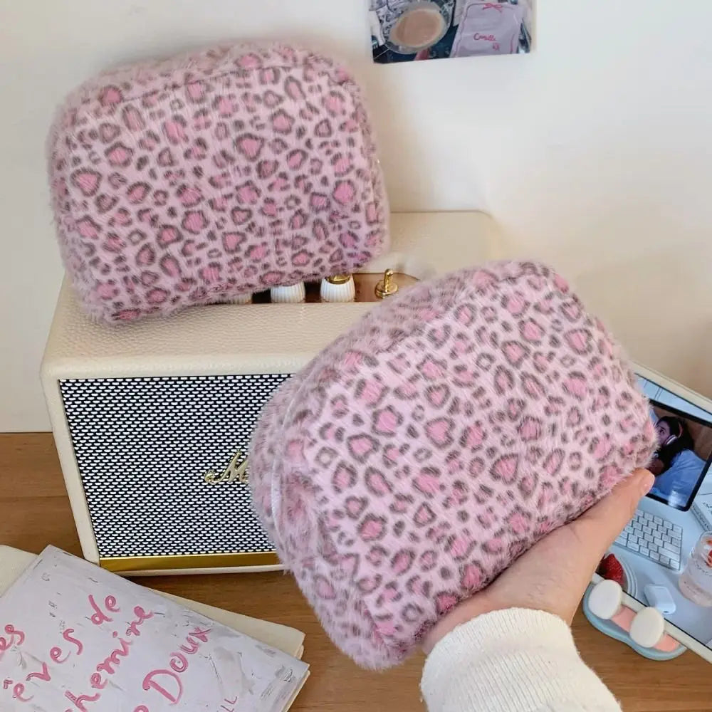 Fuzzy Leopard Print Makeup Bag – Large Capacity Travel Organizer