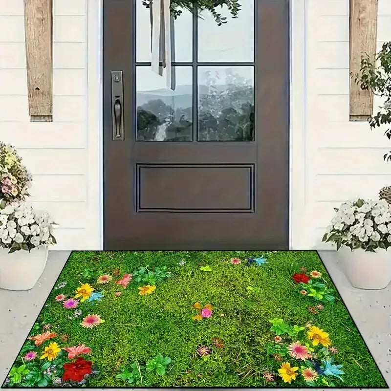 Floral Non-Slip Welcome Doormat – Green Multicolor Entry Rug