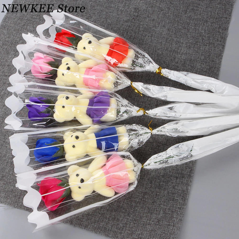 Soap Rose Bouquet with Teddy Bear – Artificial Flower Gift