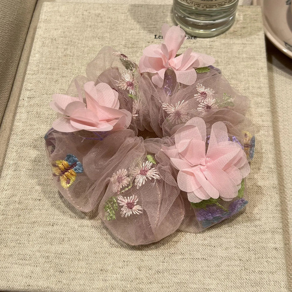 Flower Embroidery Netting Hair Bow – Ponytail & Headband