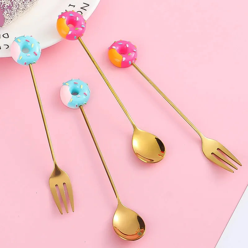 Stainless Steel Donut Cartoon Dessert Spoon & Fork