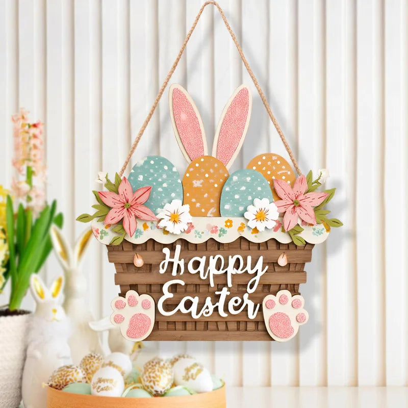 Easter Wooden Hanging Door Sign – Rabbit & Egg Plaque 12"