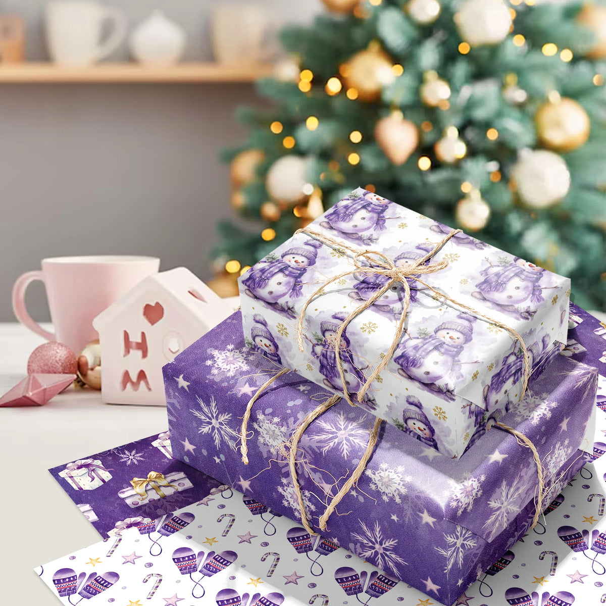 12-Sheet Christmas Wrapping Paper – Purple Snowflake & Snowman