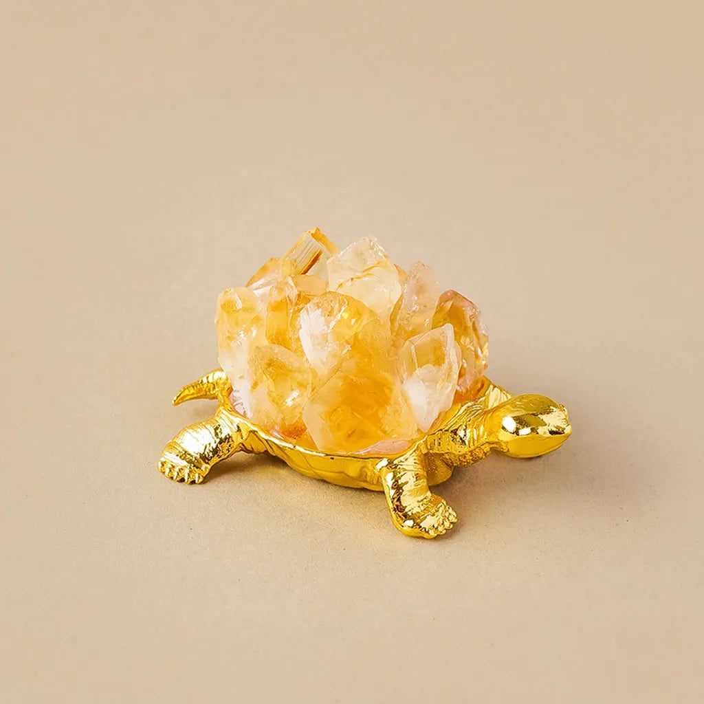 Handcrafted Natural Crystal Turtle Figurine | Alloy Base Décor