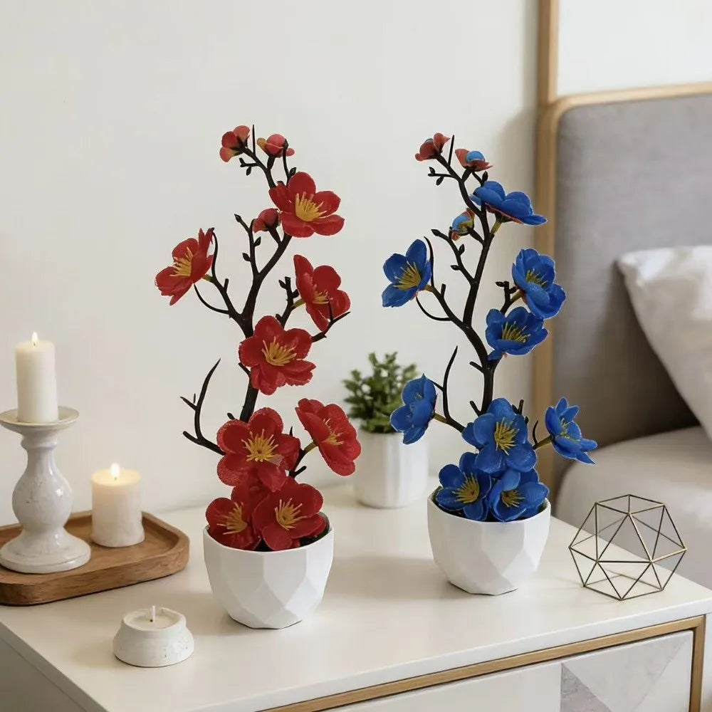 Red Artificial Plum Blossom Bonsai – Fake Wintersweet Potted Plant