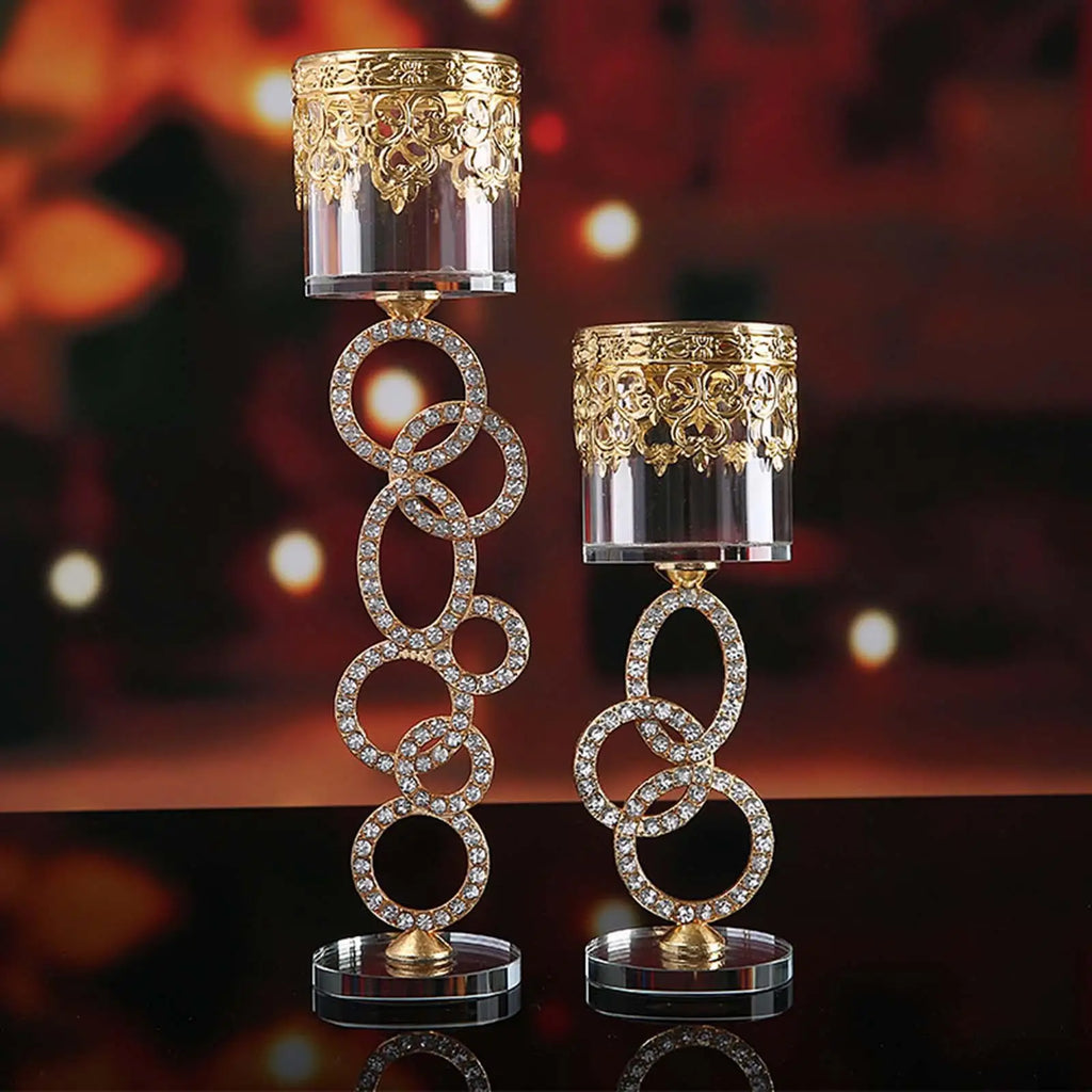 Golden Crystal Glass Candle Holder | Wedding Table Centerpiece