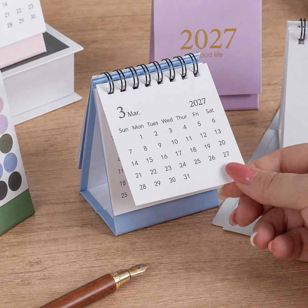 Mini Desktop Calendar 2027–2028 | Foil Stamped Morandi Planner