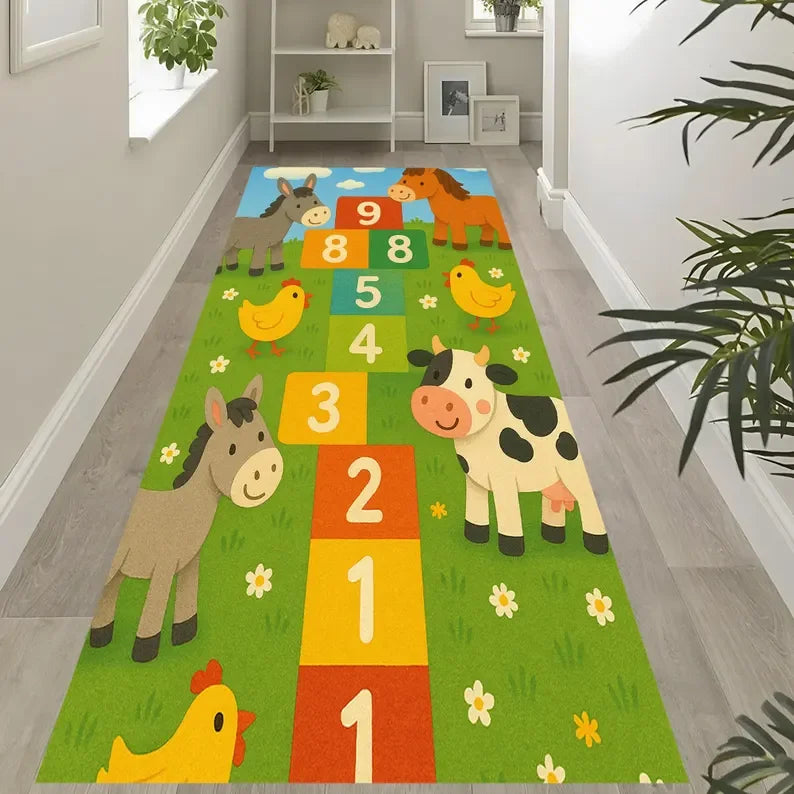 Dinosaur Hopscotch Kids Runner Rug – Non-Slip Washable Mat