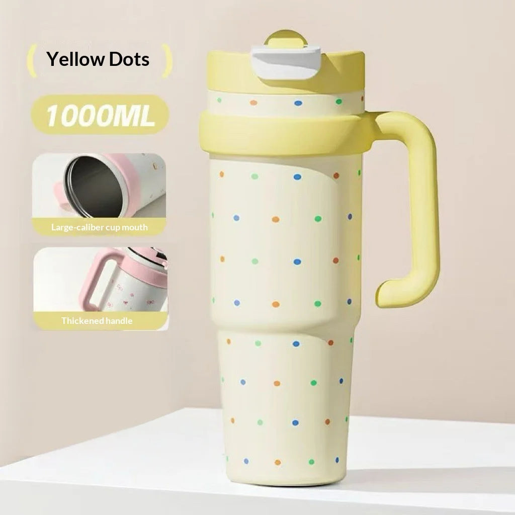 1000ml Stainless Steel Thermos Cup with Handle & Straw