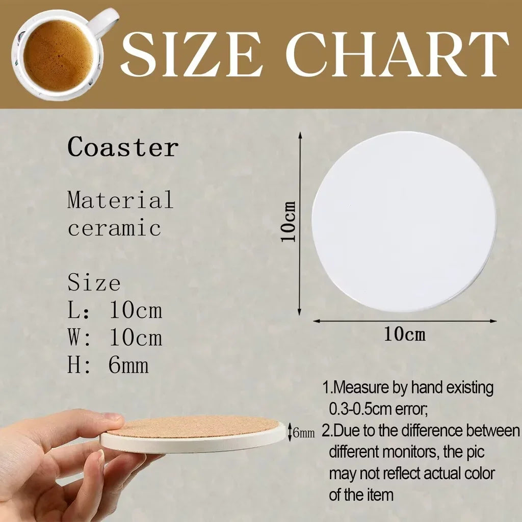 Round Absorbent Ceramic Coaster with Cork Base | Marble Decor