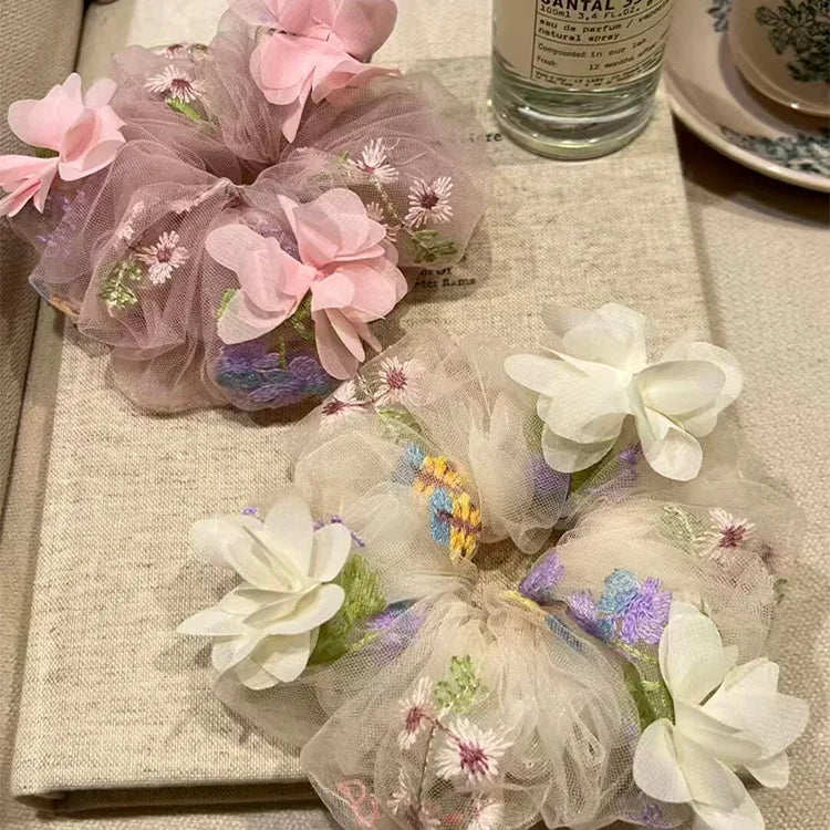 Flower Embroidery Netting Hair Bow – Ponytail & Headband
