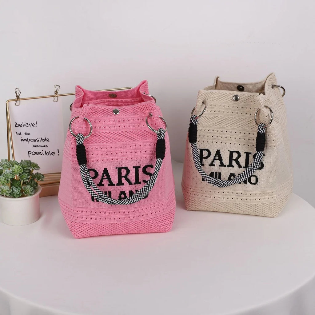 Knitted Bucket Handbag | Magnetic Closure Woven Top Handle Bag