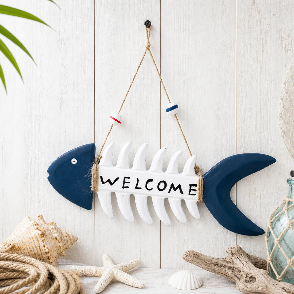 Nautical Fishbone Welcome Sign | Rustic Coastal Wall Decor