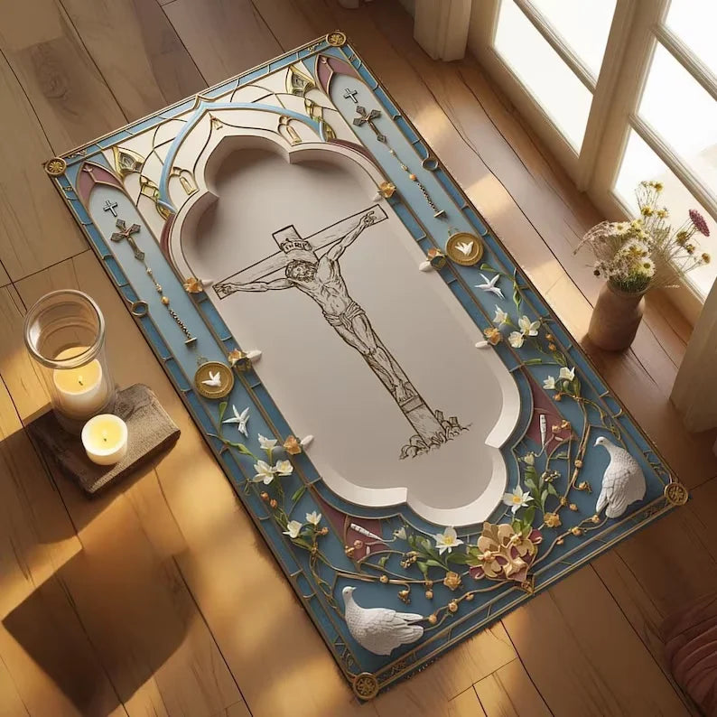 Gothic Black Gold Orthodox Cross Prayer Rug – Non-Slip Mat
