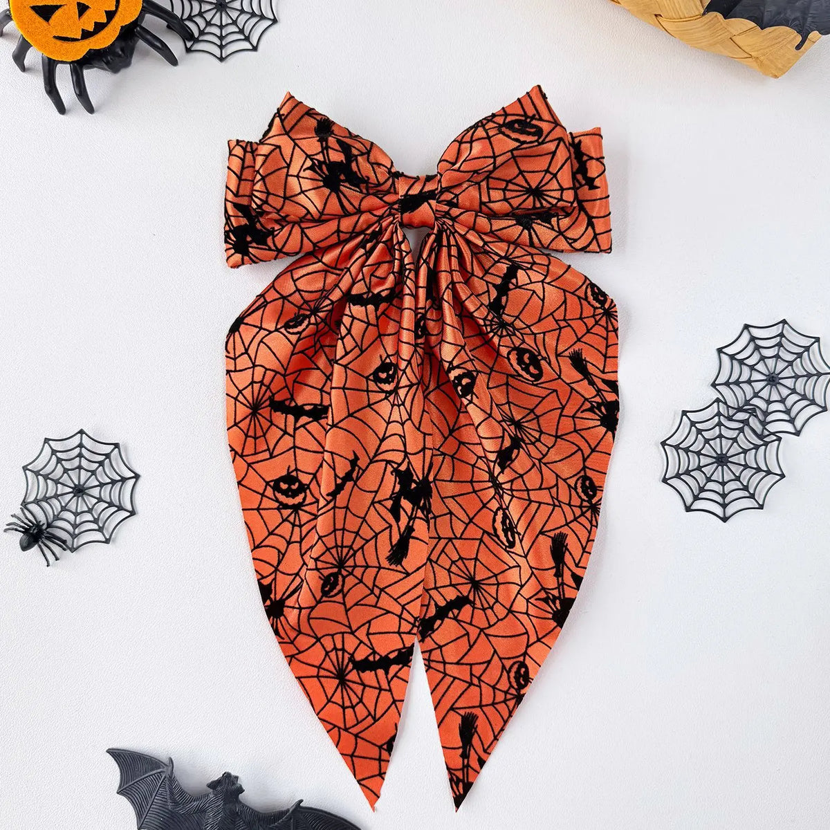 Halloween Satin Bow Hair Clip – Spider Web Pumpkin Barrette