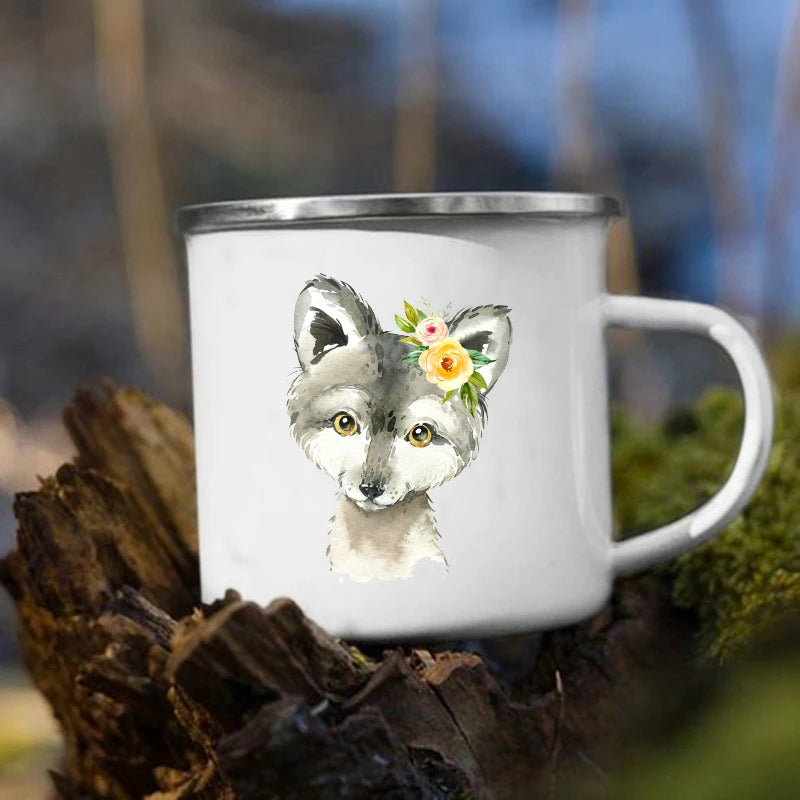Kawaii Animal Enamel Mug – Kids Horse & Deer Print Cup