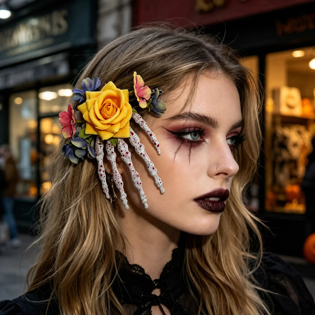 Skeleton Claw Rose Hair Clip – Gothic Halloween Headwear