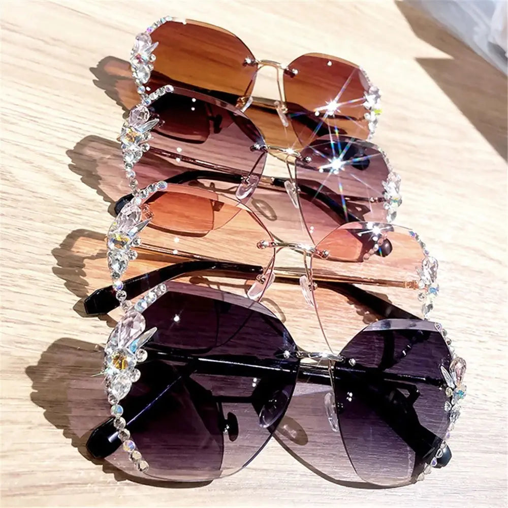 Retro Rimless Rhinestone Sunglasses – UV Protection Women