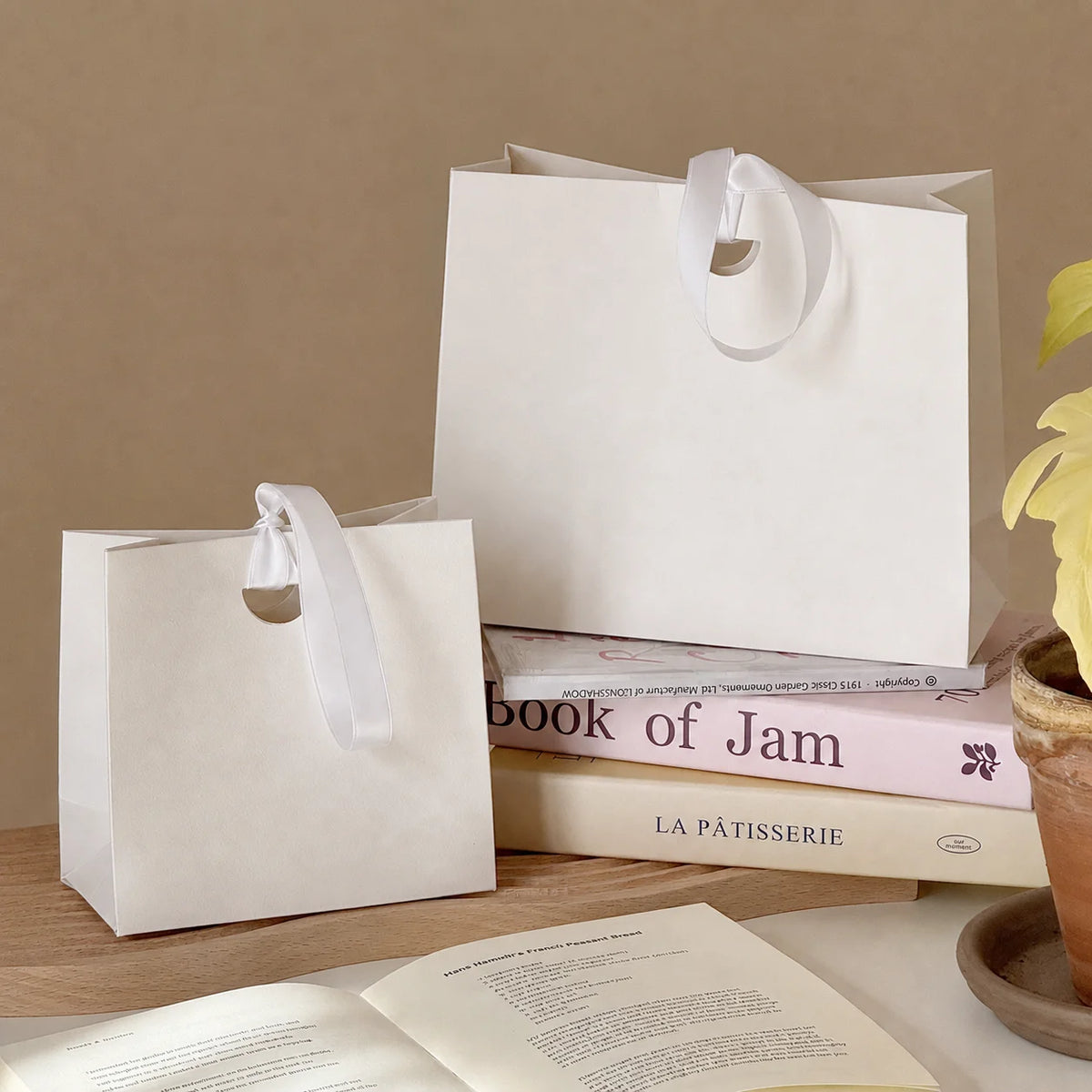 Solid Color Paper Gift Bag with Satin Ribbon Handle