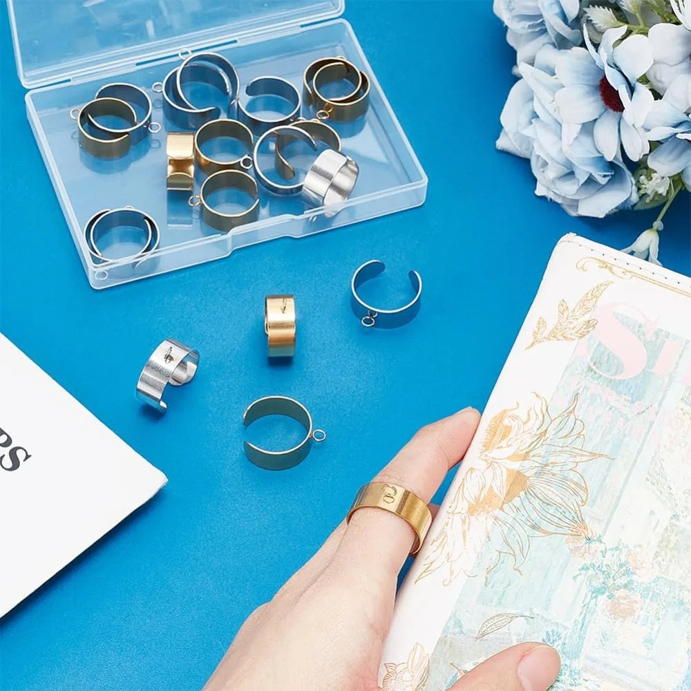 20Pcs Stainless Steel Adjustable Open Cuff Ring Bases with Loop