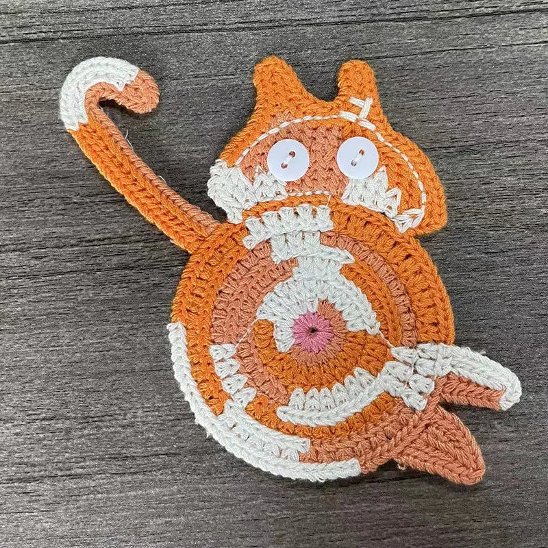 Handmade Crochet Cat Coaster – Knitted Felt Mug Pad Gift