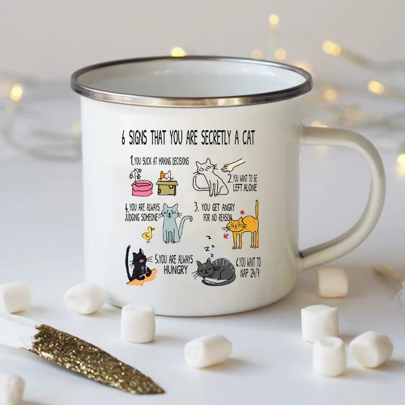 "6 Signs You're Secretly a Cat" Funny Enamel Coffee Mug