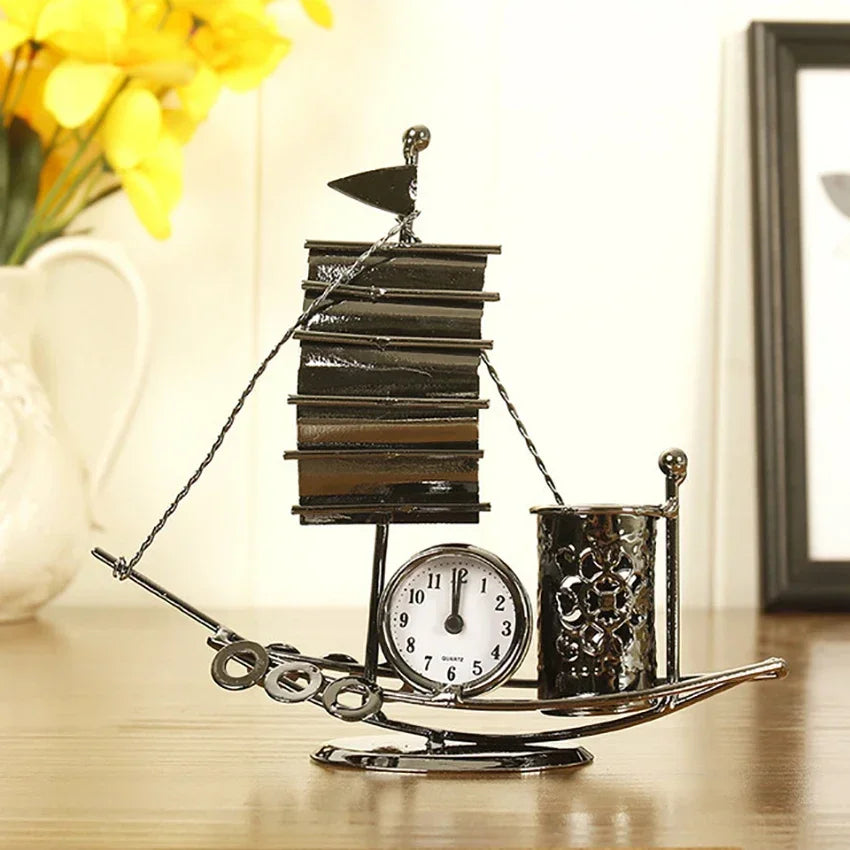 Sailboat Metal Pen Holder with Clock – Creative Desk Organizer