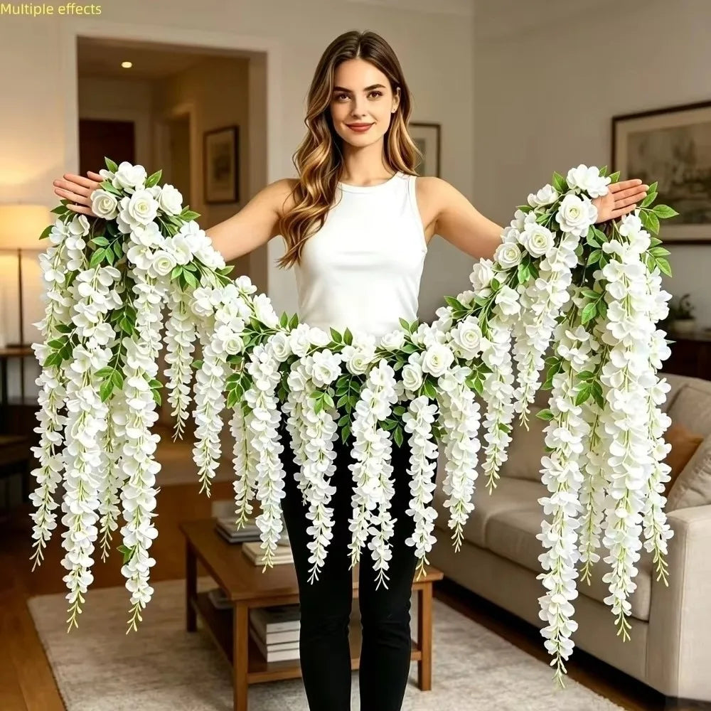 250cm Artificial White Rose Vine | Faux Flower Wall Hanging