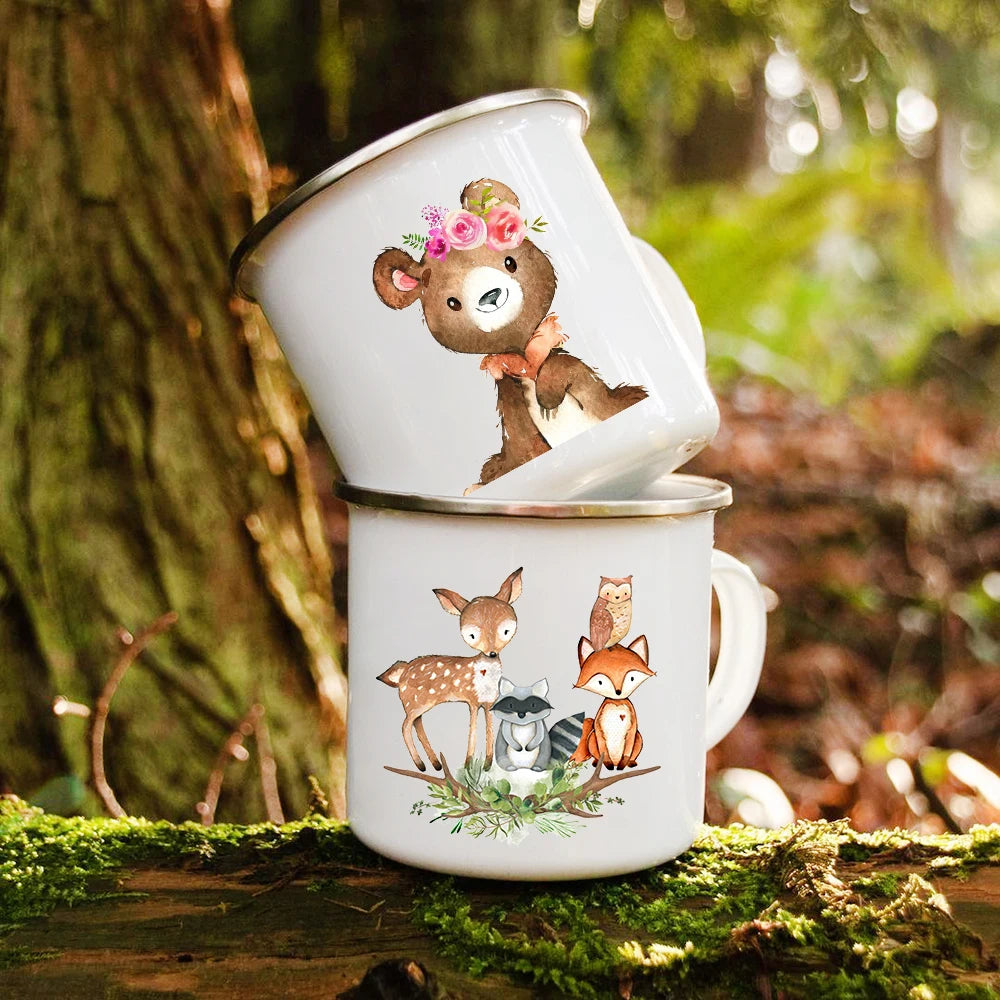 Kawaii Animal Enamel Mug – Kids Horse & Deer Print Cup