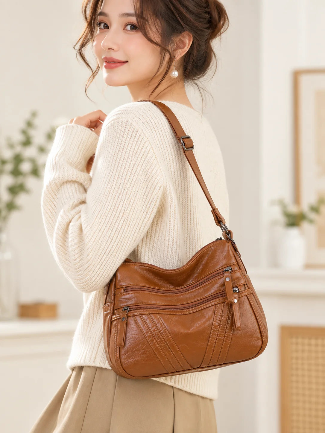 Women's Washed PU Leather Large Crossbody Shoulder Bag